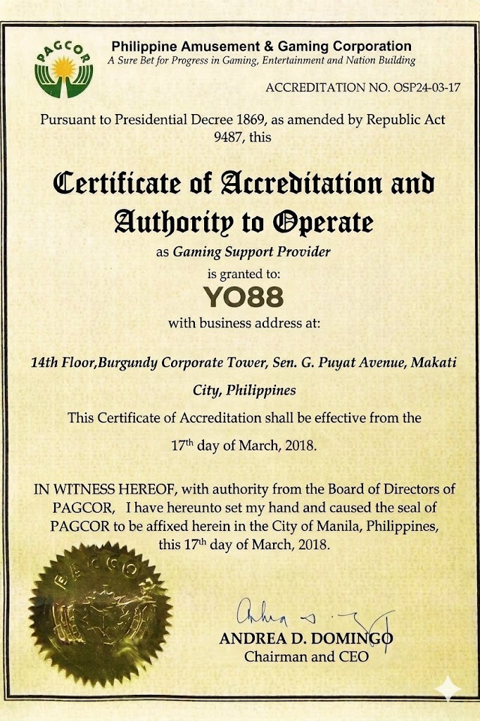 Giấy phép hoạt động Yo88